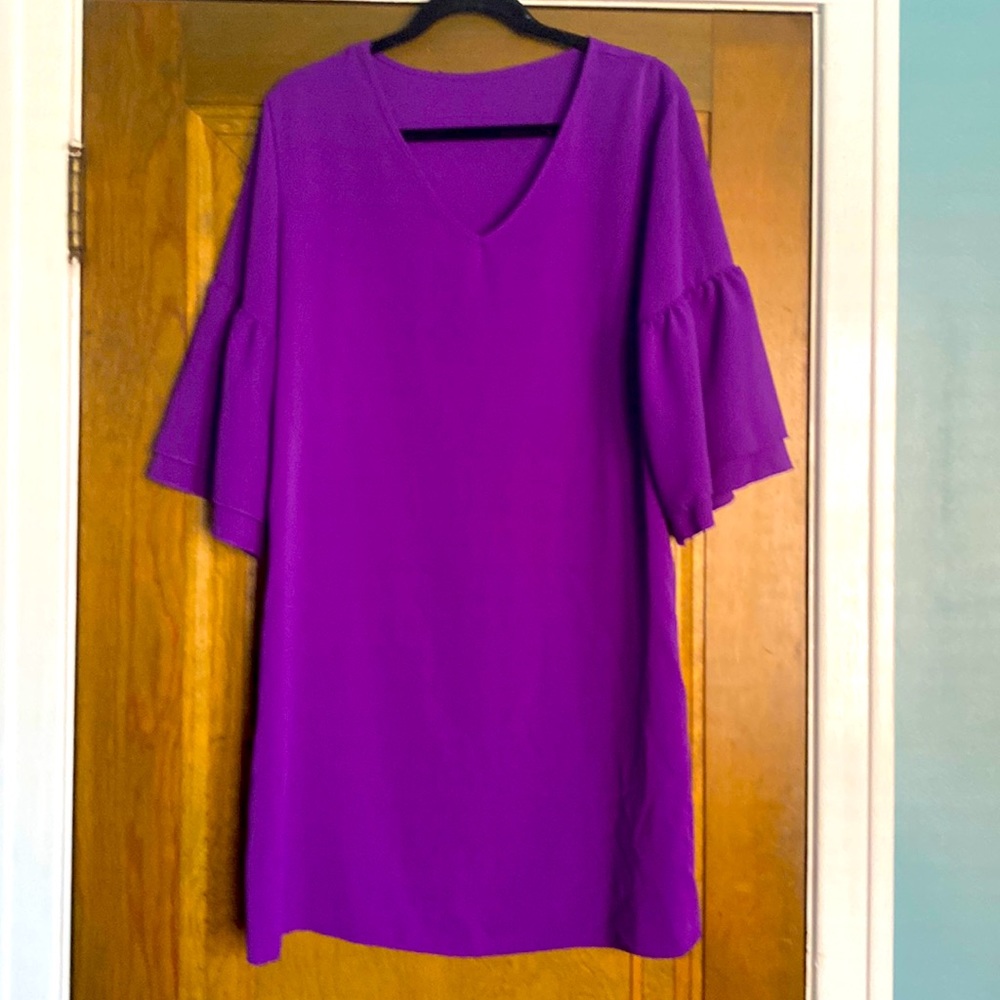 Royal purple v neck ruffle sleeve sheath dress